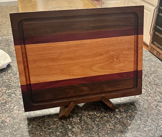Thick As A Brick Multi Color Cutting Board – Walnut & Cherry with Bloodwood / Purpleheart Accents – Juice Groove, Handles, Non-Skid Feet 2”