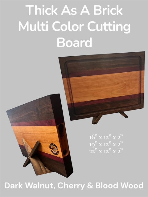 Thick As A Brick Multi Color Cutting Board – Walnut & Cherry with Bloodwood / Purpleheart Accents – Juice Groove, Handles, Non-Skid Feet 2”