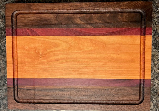 Thick As A Brick Multi Color Cutting Board – Walnut & Cherry with Bloodwood / Purpleheart Accents – Juice Groove, Handles, Non-Skid Feet 2”